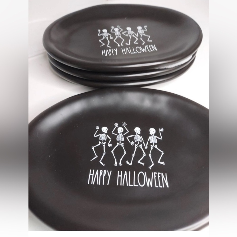 4 Rae Dunn Skeleton Artisan Collection Plates By Magenta Black  Halloween Oval